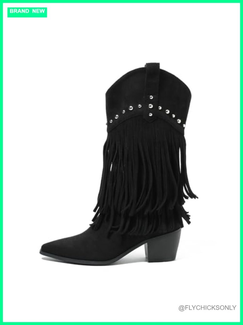 Western Fringe Boots Mid-Calf Cowgirl Faux Leather Studded Block Heel